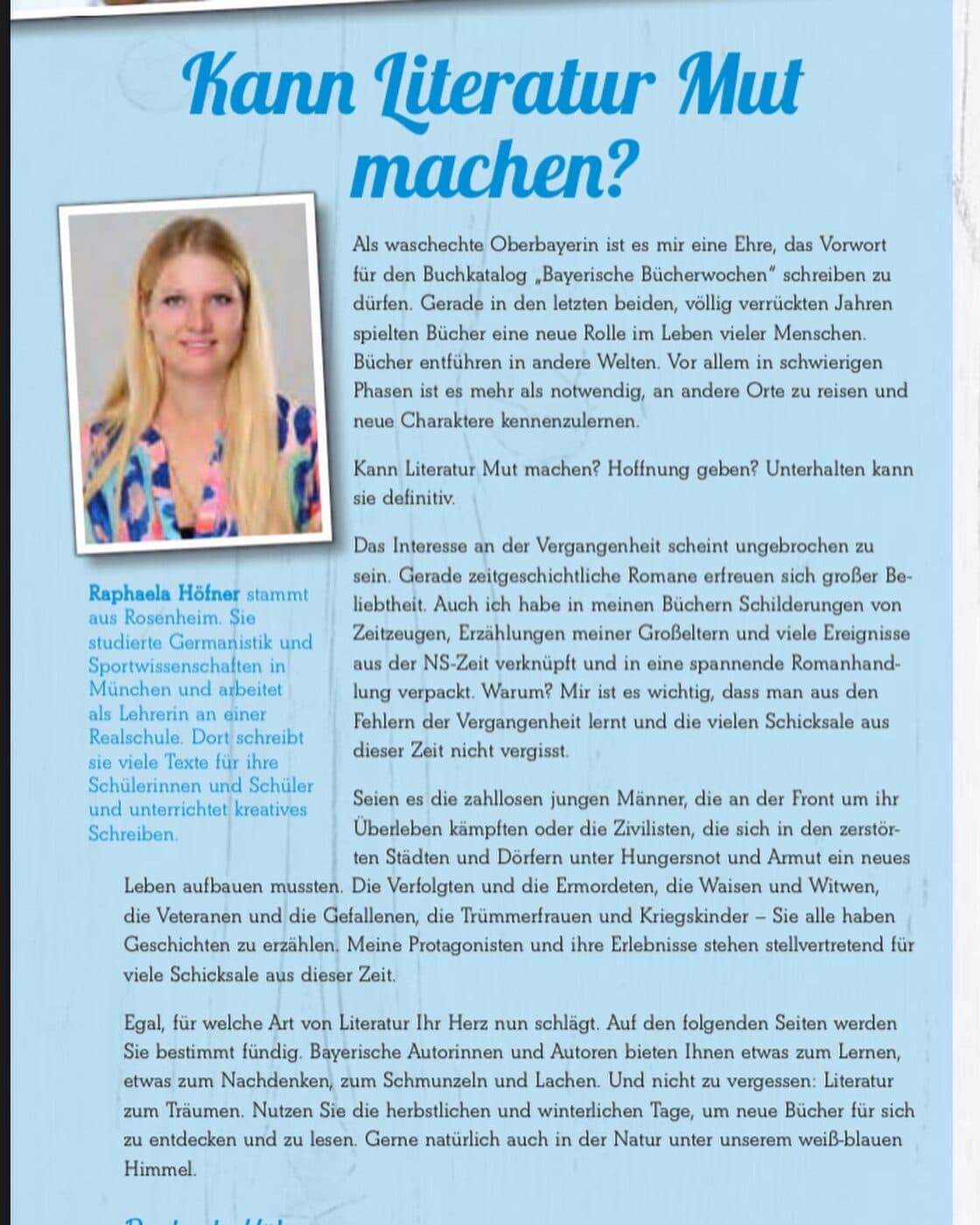 Vorwort von Raphaela Höfner im Buchkatalog „Bayerische Bücherwochen“
