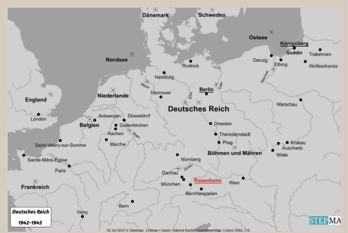 Karte des Deutschen Reichs 1942 bis 1945 mit den Schauplätzen der Romantrilogie