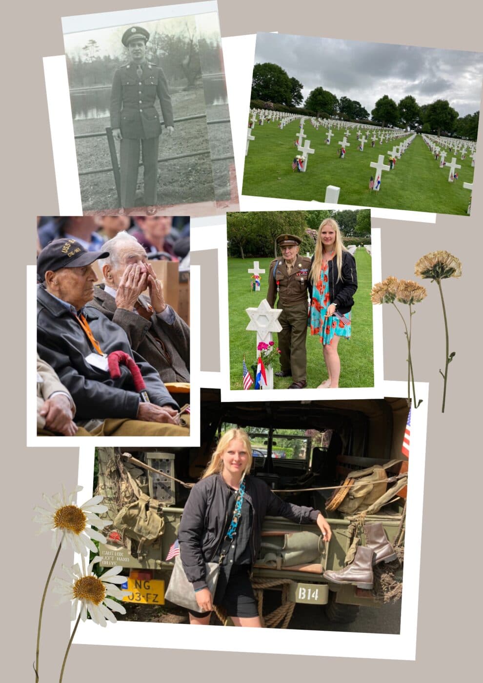 Collage der Recherchereise in die Niederlande mit Veteranen, Gräberfeld und Militärfahrzeug